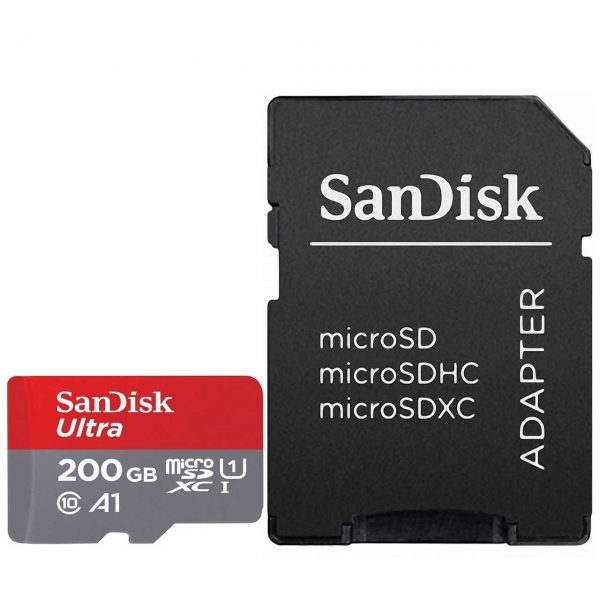 کارت حافظه microSDXC سن دیسک مدل Ultra کلاس 10 و A1 استاندارد UHS-I U1 سرعت 100MBps 667X همراه با آداپتور SD ظرفیت 200 گیگابایت